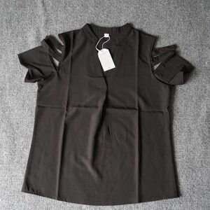 Black Cold Shoulder Blouse Top V Neck Band Collar Short‎ Sleeve Size S